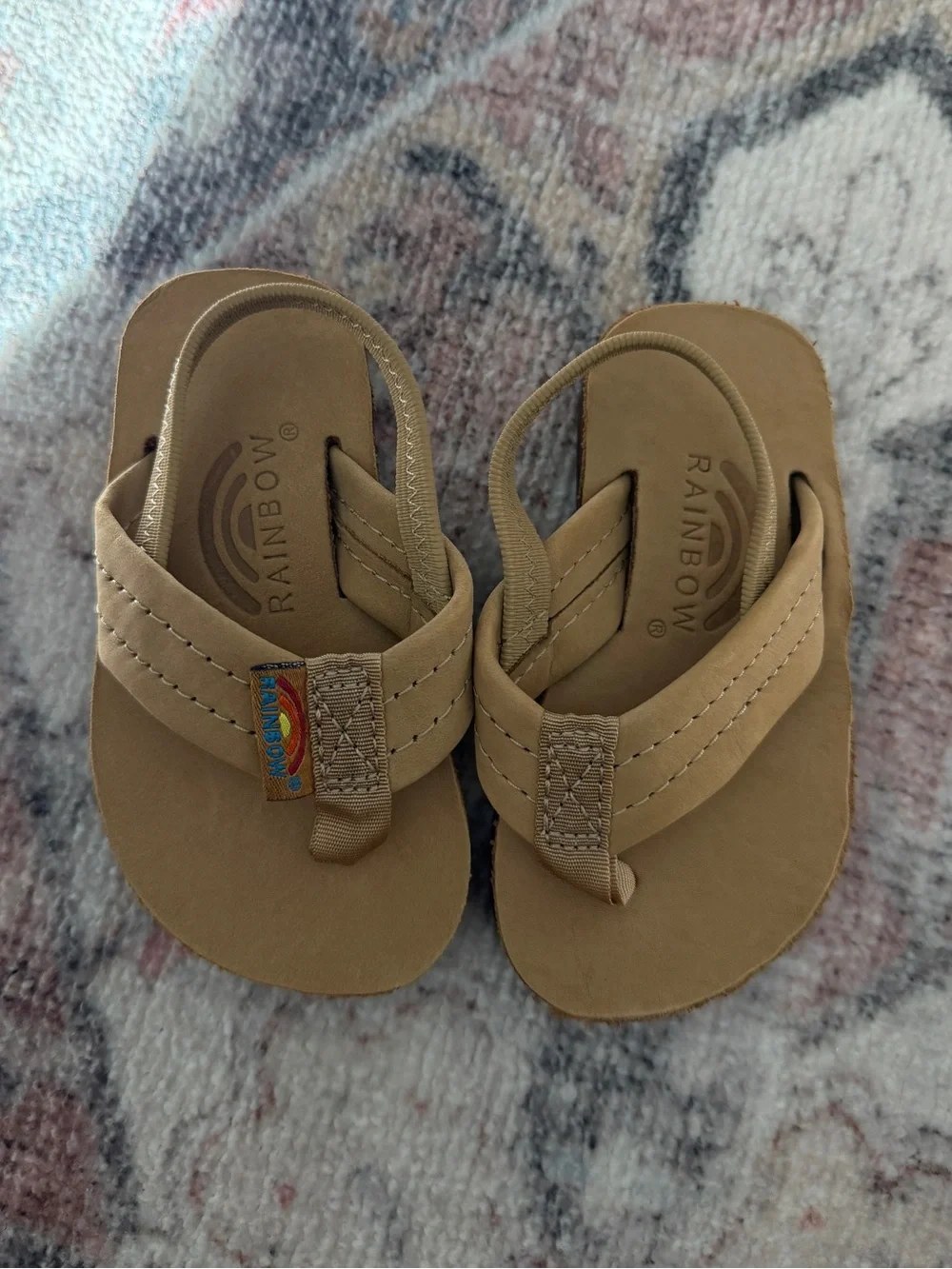 Rainbow Toddler Flip Flops in Tan with Rainbow Logo